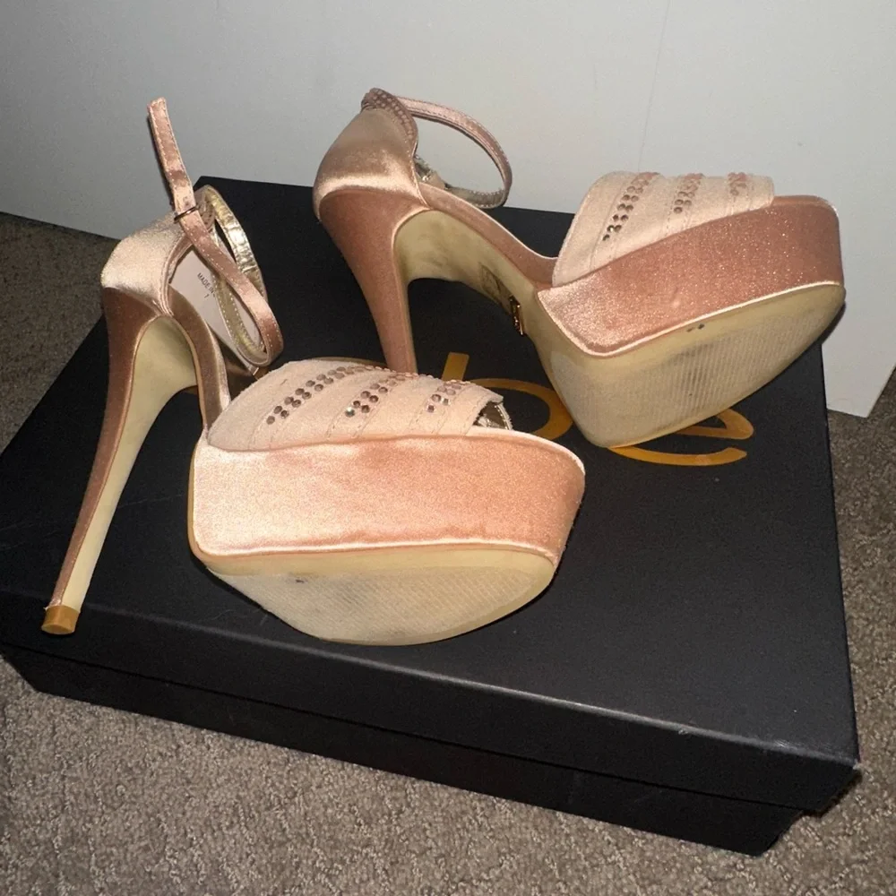 bebe Blush Pink Platform Peep-Toe Ankle Strap Heels